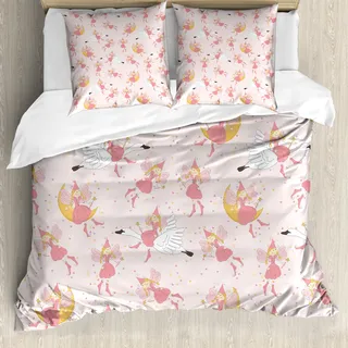 ABAKUHAUS Prinzessin Bettbezug, Fliegende Feen Swan Mond, Milbensicher Allergiker geeignet mit Kissenbezügen, 155 cm x 220 cm - 80 x 80 cm, Rose Erde Gelb Pink
