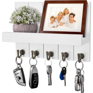 Kldgris Schlüsselbrett mit Ablage, Schlüsselbrett Holz, Dekoratives Holz Wandregal, mit 5 Schlüsselhaken, für Eingang, Flur, Schlafzimmer, Wohnzimmer, Weiß