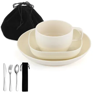 Campingbesteck, ReaNea Camping Teller und Schüsseln Set mit Kaffeetasse, Reisebesteck Set mit Löffel, Gabel, Messer für Zuhause, am Pool, im Freien, Picknick, Camp