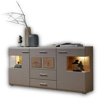 Stella Trading Fun Plus 2 Sideboard Kommode in Basalt mit LED-Beleuchtung | 170 x 94 x 42 cm (B/H/T), Hirnholz-Applikationen, Eiche Dekorböden, 2 Holztüren, 3 Softclose-Schubladen