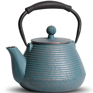 GUANGHEIRON Teekanne Gusseisen 950ml – emailliert mit Sieb Blau | Japanische Teekanne mit Teesieb, emaillierte Innenseite, Silikongriff, Geeignet für Herd, ideal für Tee Geschenk