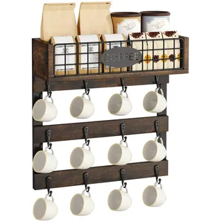 YITAHOME Wandmontierter Becherhalter mit 12 Haken, Metall-Aufbewahrungsregal mit Leitplanke, rustikaler schwarzer Tassen-Organizer für Küche, Esszimmer und Kaffeebar