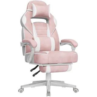SONGMICS Gaming-Stuhl, Bürostuhl mit Fußstütze, Schreibtischstuhl mit Kopfstütze und Lendenkissen, höhenverstellbar, ergonomisch, bis 150 kg belastbar, pastellrosa OBG073P01