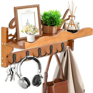 OT-NVWOZR Wandgarderobe mit Ablage, Holz Garderobenleiste Wandregal mit 5 Metal Haken, Strand-Thema Kleiderhaken Wand Garderobe Hängeregal für Eingang Flur Wohnzimmer Küche Braun