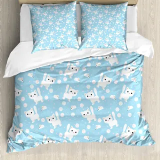 ABAKUHAUS Baby Bettbezug Set, Lustige Katze mit Garn Ball und Maus Sketch Predator Instincts gepunkteten Hintergrund, 200 x 200 cm + 80 x 80 cm, Creme Blau