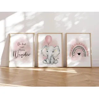 MeinBaby123 I Bilder Kinderzimmer | 3er Set DIN A4 Poster Set | Wandbilder Deko Bilder für Kinderzimmer Mädchen & Junge | Wandposter Premium (Elefant & Ballon Rosa)