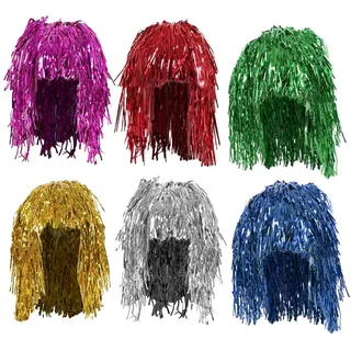 CHUNLINLAODA - 6 Stück Metallfolie Lametta Perücke - Rot, Silber, Gold, Grün, Rosé, Blau - 38 cm x 14 cm x 2 cm - Unisex - Lockig - Poliert - WIG - Für Themenpartys, Kostüme, Karneval, Familienfeiern