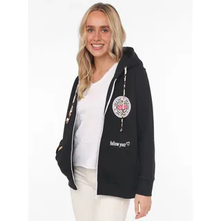 Kapuzensweatjacke ZWILLINGSHERZ, Damen, Gr. L/XL, schwarz, Sweatware, Obermaterial: 50% Baumwolle, 50% Polyester, bedruckt, normal hüftlang, hoch geschlossener Ausschnitt, Bündchen, Sweatjacken Kapuzensweatjacke, Leo-Details, Langarm, Reißverschluss, Baumwollmischung