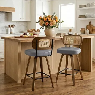 Rattan Barhocker 2er Set, 360° Drehbar, 65 cm Sitzhöhe, Barstuhl mit Luftiger Rattan-Rückenlehne, Massivholzbeinen, 7 cm Polsterung, Für Kücheninsel, Belastbar bis 150 kg, Grau - Grau