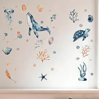 Bustlwor Meerestiere Wandtattoo, Wandtattoo Unter dem Meer, Aquarell Ozean Tier Aufkleber für Klassenzimmer Mädchen Jungen Bedroom Living Room