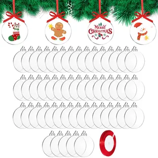 DRERIO 50er Set Acryl-Weihnachtskugeln 8 cm rund flach mit Loch zum Bemalen | 50er Set Acryl Weihnachtskugeln flach, 8,8 ×7,6 cm, bruchfest & bemalbar, mit Loch & Band, für innen & außen, DIY