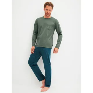 Schlafanzug CALIDA "Relax Imprint 1", Damen, Gr. XL (56), laurel grün, Single Jersey, Obermaterial: 100% Baumwolle, relaxed fit lang, Rundhals, Homewear-Sets Schlafanzug, Langarm-Shirt & Hose mit geradem Bein