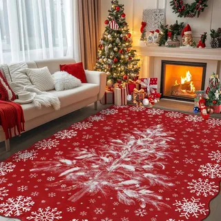 Homcomodar Teppich Wohnzimmer 160x230cm Weihnachtsteppich Roter Waschbarer Teppiche Schlafzimmer Weich Wohnzimmerteppich Weihnachtsbaum Schnee Kurzflor Teppiche für Esszimmer Kinderzimmer