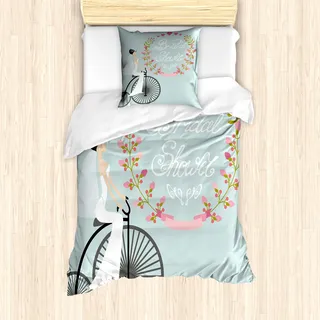 ABAKUHAUS Blumen Bettbezug Set für Einzelbetten, Braut Hochzeitskleid, Milbensicher Allergiker geeignet mit Kissenbezug, Anthrazit grau und Babyblau