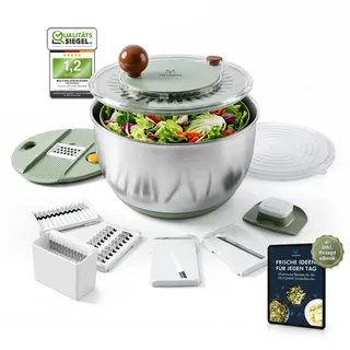 VELVOMAX 6in1 Salatschleuder Edelstahl 4.5L [Multifunktion] Gemüseschneider Servierschüssel & Salad Spinner in einem - Spülmaschinengeeignet - rutschfeste Salatschüssel mit Deckel für Kochliebhaber