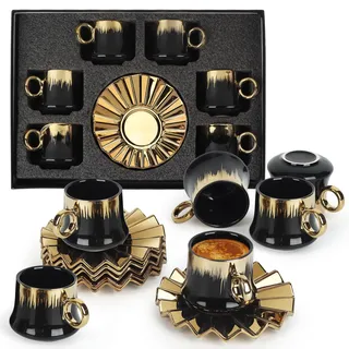 12-teiliges türkisches Kaffeetassen-Set mit Untertassen, 100 ml Keramik-Espressotassen, Goldrand, schwarzes Design, stapelbare Porzellantassen, Service für 6 Personen, spülmaschinengeeignet