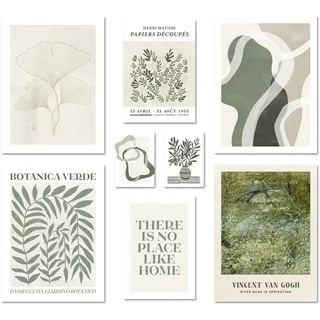 ARTFAVES® Poster Set - BOTANICA VERDE - mehrteilige Wanddeko Wohnzimmer & Schlafzimmer - 8 moderne Wandbilder natur, beige, grün, abstrakt, pflanzen, botanik, van gogh - ohne Bilderrahmen