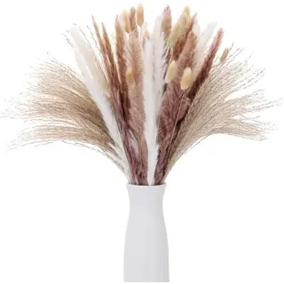 Unyqoos® Set von 64 Trockenblumen – getrocknete Deko (ca. 43 cm) mit Pampasgras, Strohblumen, Hasenschwanzgras & Eukalyptus für Zuhause & Hochzeit - Weiß, Gelb, Rot, Grün