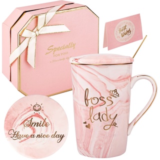 Boss Lady Geschenke für Frauen Boss Lady Geschenke Tasse Boss weiblich Geburtstag Mütter Tag Geschenke Kaffeebecher 420ML Marmor-Keramik-Geschenk-Set (Rosa-Boss Dame)