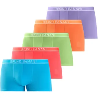 Boxer BRUNO BANANI "Boxershorts für Herren", Herren, Gr. S, 5 Stk., bunt (blau, orange, grün, rot, lila), Jersey, Obermaterial: 95% Baumwolle, 5% Elasthan, unifarben, körpernah, Unterhosen Boxer, mit schmalen Streifen und Logoschriftzug im Bund