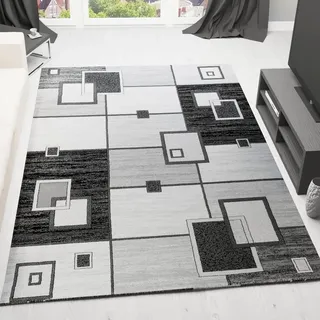 VIMODA Designer Teppich Wohnzimmer Grau Anthrazit Kariert Retro mit geometrischen Motiven und Farbverlauf, Maße:80 x 300 cm