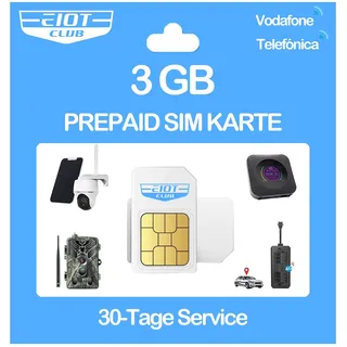 EIOTCLUB 3GB Daten SIM Karte 30 Tage Prepaid – 4G LTE Internet für Überwachungskamera, Wildkamera, Router | Ohne Vertrag, Ohne Anmeldung | Vodafone O2 Netz
