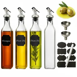 WERTIOO Ölflasche 500ML, 4 Stück Olivenöl Flasche Essig und Ölflaschen Set, 17OZ Ölflasche Glas Olivenöl und Essig Öl Flaschen mit Trichter & Stift und für Küche BBQ, Transparent