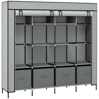 Stoffkleiderschrank mit 2 Kleiderstangen, 10 Regalböden und 4 Schubladen, 166x42,5x169,5 cm, Grau - Vliesabdeckung mit Reißverschluss - pulverbeschichteter Stahlrahmen - belastbar bis 50 kg - Grau