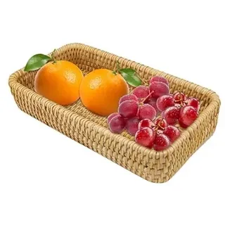 Rattan Serviertablett, Handgeflochtenes Rechteckiges Rattan Serviertablett, Tisch Organisation Aufbewahrungskorb Dekorative Servierkörbe aus Korbgeflecht für den Couchtisch (Klein)