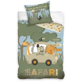 MTOnlinehandel Kinder Bettwäsche Set grün 135x200 80x80 cm · Safari Tiere, Erdmännchen, Löwe, Zebra · 100% Baumwolle mit YKK Reißverschluss · sanft, weich für Mädchen