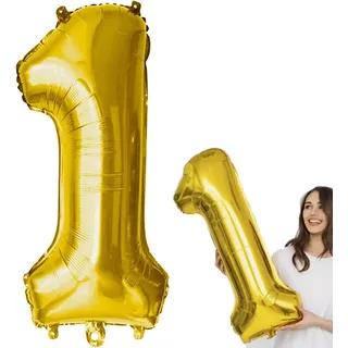 Folienballon für Geburtstage, Silvesterpartys, Helium, Zahl Eins, Eins, 1, Gold, groß, 100 cm - Gold