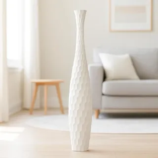 Leewadee Große Deko Bodenvase Für Dekozweige, Hohe Standvase Für Pampasgras, Design Holzvase, 65 cm, Weiß