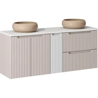 Moderner Badezimmerschrank 140 cm mit Arbeitsplatte und 2 beigen Waschbecken - Weiß, Beige