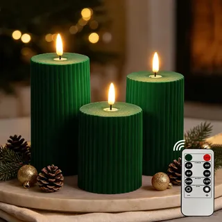 LED Kerzen Flammenlose 3 Stück Grün Flockdesign mit flackernder Flamme,LED Kerzen mit Timerfunktion Batteriebetrieben für Weihnachten Deko und Advent, Fernbedienung enthalten(7.5x10,12.5,15cm)