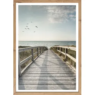 Bönninghoff Bild mit Rahmen "Wandbild gerahmt STEG ZUM MEER 50x70 cm – Maritime Küsten Deko" Meer  Natur  Steg  Strand  Vögel 1 Stk. tlg. mit dekorativem Rahmen, farbe rahmen: artisan, farbe bild(er): blau, grün, schwarz, weiß, grau, braun