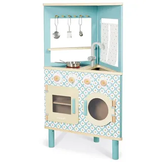 Janod - Trio Holzküche - Kompakte 3-seitige Küche - Küche und Essgeschirr Rollenspielzeug - Retro-Stil - 5 Metallutensilien - Farbe auf Wasserbasis - Ab 3 Jahre, J06546