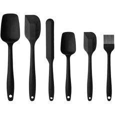 6-teiliges Silikon-Küchenutensilien-Set, Silikon-Spachtel-Set mit Löffel, Backpinsel, Pfannenwender, lebensmittelechtes Silikon, hitzebeständig, Edelstahl und nahtloses einteiliges Design (Schwarz)