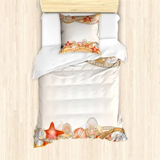 ABAKUHAUS Strand Bettbezug Set, Sand Seashells Seestern und Seile Marine Inspirations Abstract , 135 x 200 cm + 80 x 80 cm, Blasse Orange Vermilion
