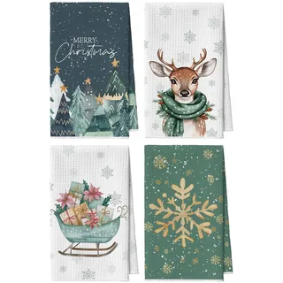 Artoid Mode Bäume Rentier Schlitten Schneeflocken Frohe Bar Weihnachten Küchentücher Geschirrtücher, 42x65 cm Mikrofaser Saugfähig Küchen Deko 4er Set