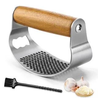 GlasFlength Knoblauchpresse Edelstahl Wippe, Knoblauchwippe Knoblauchschäler Griff aus Holz Knoblauchpressen Knoblauch Wippe Verdickt Garlic Presse Crusher Küchengadgets Leicht zu Reinigen