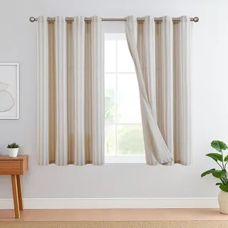 TOPICK Leinen Gestreifte Vorhänge Grau Streifen Gardinen mit Ösen Ticking Streifen Muster Leinenoptik Vorhänge Lichtfilterung für Wohnzimmer Nadelstreifen Gardine Blickdicht 2 Stück H145xB130cm