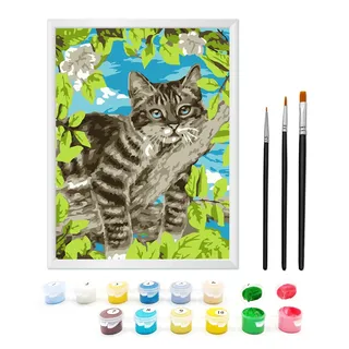 Zimrobin Malen Nach Zahlen ab 5-14 Jahre Mädchen, Malen Nach Zahlen für Kinder mit Rahmen 3 Pinsel und Acrylfarben, 18 X 24cm(Faule Katze)