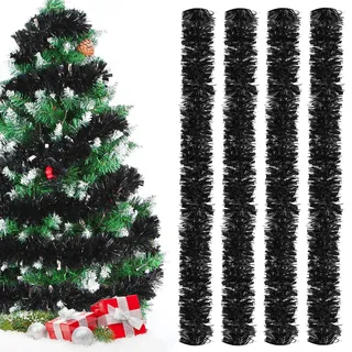 Lametta Girlande Weihnachten Schwarz,Metallisch Girlande Weihnachtsbaum,4 Stück Glänzend Weihnachtsgirlande,Weihnachtsbaumschmuck Girlande,Lamettergirlande,Festliches Lamettaa Dekoration