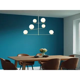 Pendelleuchte - Goldgelb - Weiß - Opalglas - Metall - H 150 cm - 6-flammig - Weiß, Gelb
