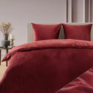 Blumtal Bettwäsche 135x200 cm Cashmere-Touch Plüsch - Oeko-TEX zertifizierte Bettwäsche Winter + Kissenbezug 80x80 - Fleece Bettwäsche 135 x 200 Mikrofaser - Plüschbettwäsche Rot