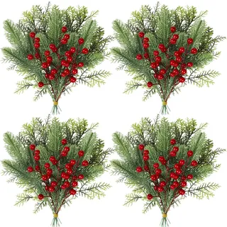 Famibay 72 Stück Tannenzweige Künstlich Rote Beeren Zweige Tannenzweige Weihnachten Kiefernzweige Künstliche Pflanzen Weihnachten Kiefernnadel Tannennadeln für DIY Weihnachtsbaum Girlande Kranz Deko