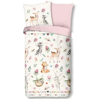 Aminata kids Bettwäsche Tiere Tier-Motiv 135x200 Kinder Cartoon-Style Mädchen - rosa - Reißverschluss - süße Wende-Kinder-Bettwäsche Set Waschbär, REH-Kitz & Fuchs