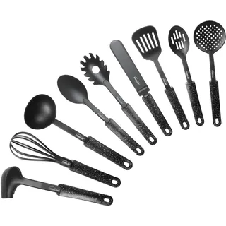 STONELINE 9-teiliges Nylon Küchenhelfer Set mit praktischer Stütze, Hitzebeständige Küchenutensilien für Antihaft Pfanne Topf, Hygienisches Küchenzubehör mit integrierter Küchenhelferablage, Schwarz