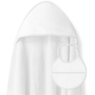 Baby BadePoncho 1x1 m Bademantel Kapuzenbademantel PUNTO DE CRUZ LISO Weiß & Lätzchen für Neugeborene 100% Baumwolle