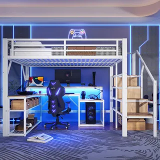 Flieks Etagenbett 140x200cm mit Schreibtisch und Ablagen, Jugendbett Hochbett mit Usb & Led, Kinderbett Stockbett mit Treppe, Metallbett Weiß - Weiß